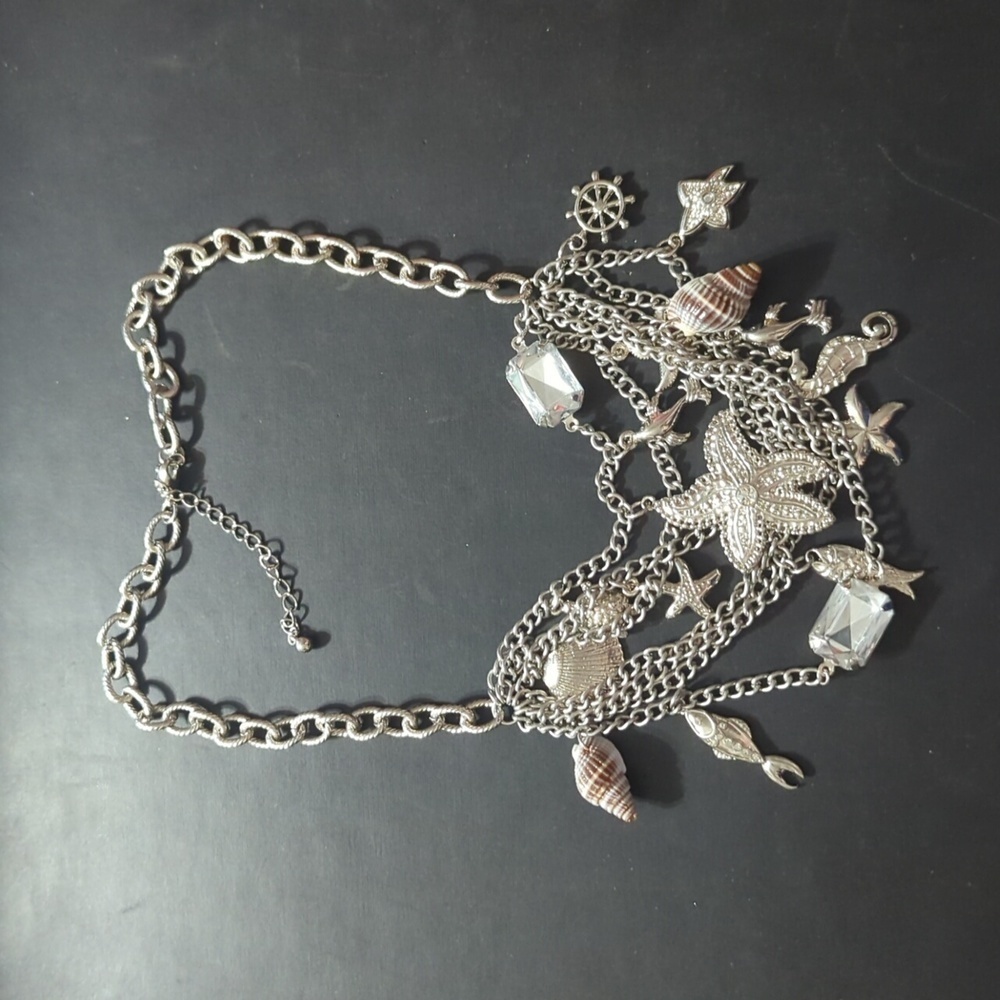 Silver Tone Ocean Theme Bib Style Rhinestone Chain Charm Statement Necklace